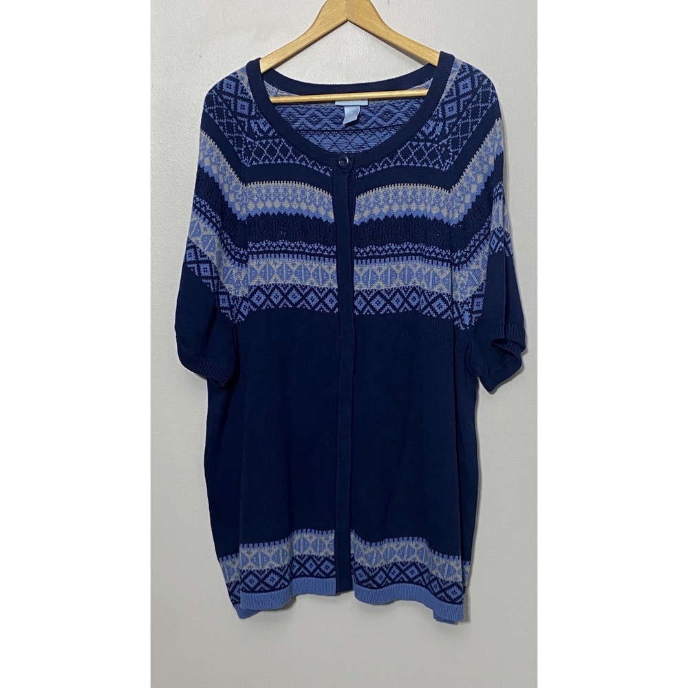Liz & Me Women's Blue Fair Isle Cardigan Sweater 4X Button/Snap Nordic Geometric